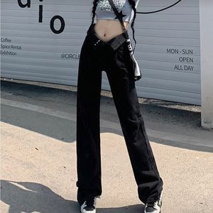 Black retro wide-leg jeans women's high-waisted slimming loose straight leg pant